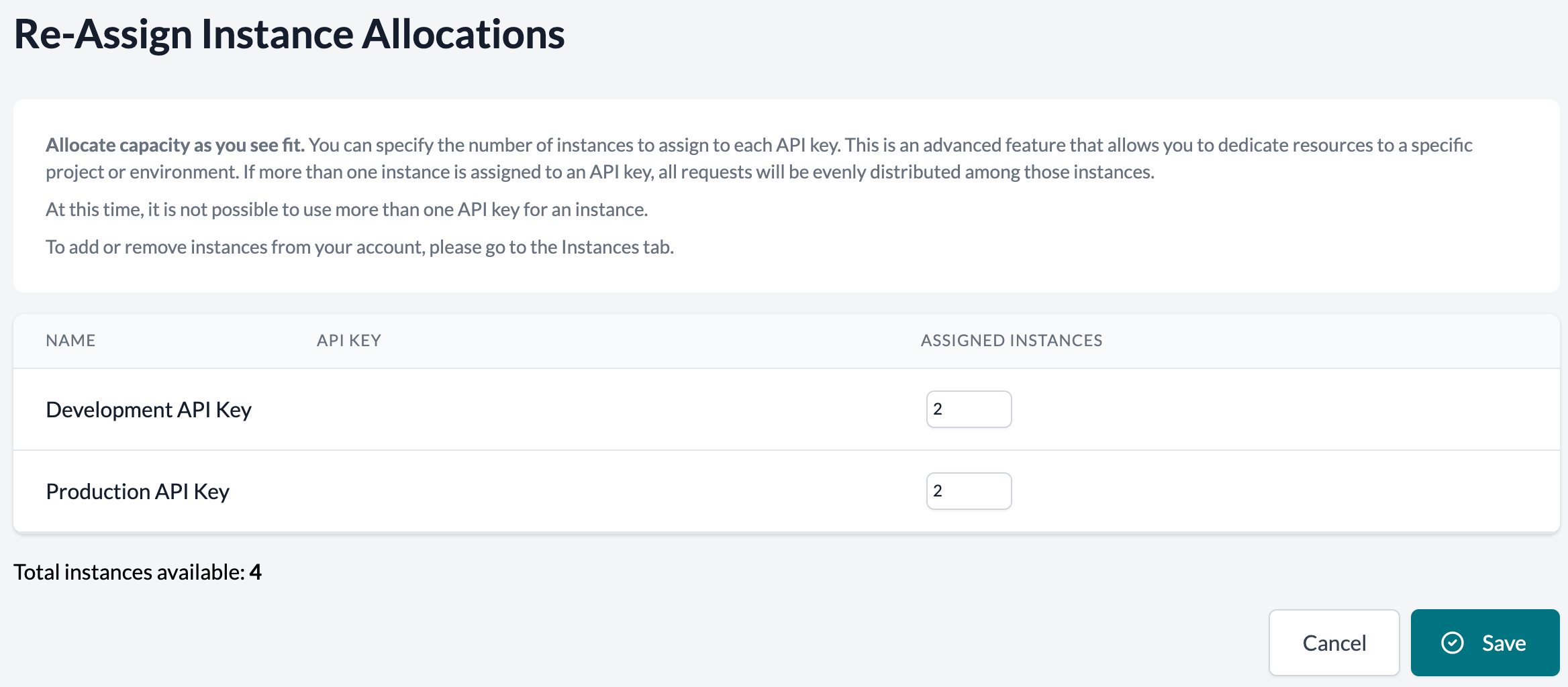 page to reassign API keys to instances